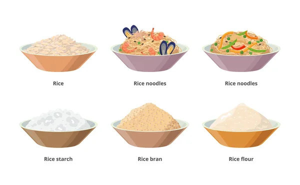 Comida de arroz en tazones, fideos de arroz, almidón, harina, salvado, granos. vector icono arroz producto conjunto aislado sobre fondo blanco. — Archivo Imágenes Vectoriales