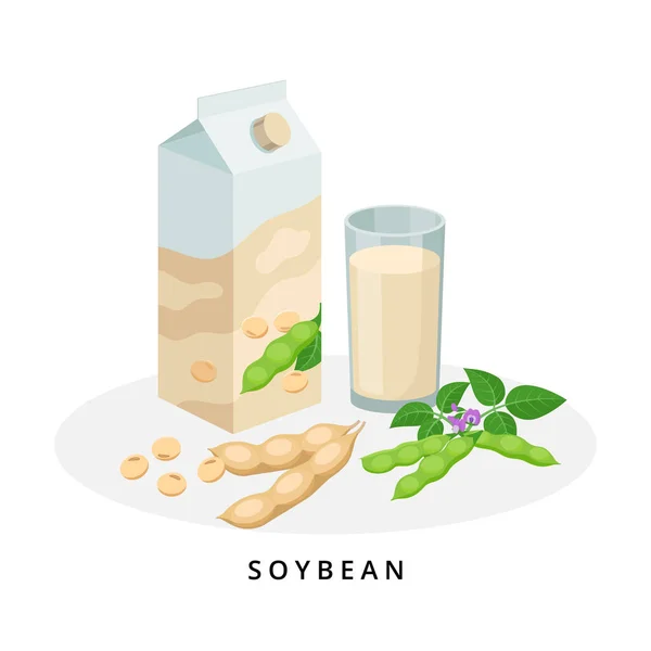 Sojamelk in doos en glas. Plantaardige melk, veganistisch melkconcept. Vector illustratie geïsoleerd op witte achtergrond. Alternatieve melk en ingrediënten. — Stockvector