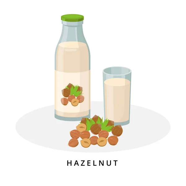 Hazelnootmelk in fles en glas. Plantaardige melk, veganistisch melkconcept. Vector illustratie geïsoleerd op witte achtergrond. Alternatieve melk en ingrediënten. — Stockvector