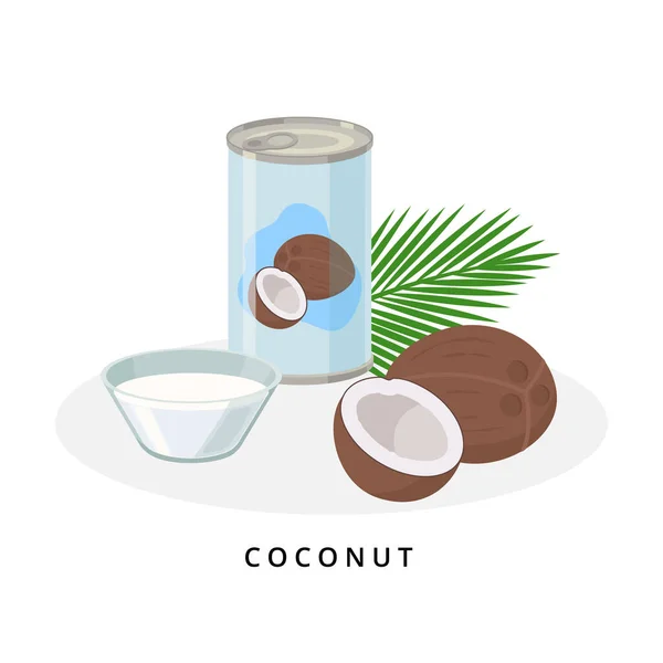 Kokosmelk in blik en kom. Plantaardige melk, veganistisch melkconcept. Vector illustratie geïsoleerd op witte achtergrond. Alternatieve melk en ingrediënten. — Stockvector