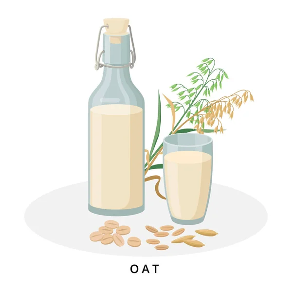 Oat milk in jug and glass. Plant milk, vegan milk concept. Vector illustration isolated on white background. Alternative milk and ingredients. — Stock Vector