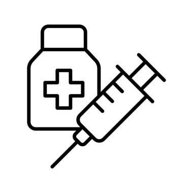 Aşı şişesi tasarımı. Aşı, şırınga, ilaç, ilaç, iğne, sağlık sigortası, beyaz arka plan vektörü tedavisi. Aşı şişesi düzenlenebilir vuruş simgesi