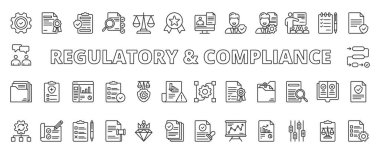 Düzenleme ve Uyum, satır tasarımı simgeleri. Düzenleyici uyum, yönetim, hukuk, politika, denetim, standartlar, beyaz arka plan vektörü kuralları. Düzenleyici ve Uyumlu düzenlenebilir vuruş simgeleri