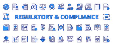 Düzenleme ve Uyum, çizgi tasarımı ikonları, mavi. Düzenleyici uyum, yönetim, hukuk, politika, denetim, standartlar, beyaz arka plan vektörü kuralları. Düzenleyici Bir Uyumlu düzenlenebilir vuruş simgeleri