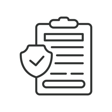 Sigorta belgesi tasarımı simgesi. Sigorta, belge, poliçe, koruma, kalkan, form, beyaz arka plan vektörü üzerine sözleşme. Sigorta belgesi düzenlenebilir vuruş simgesi