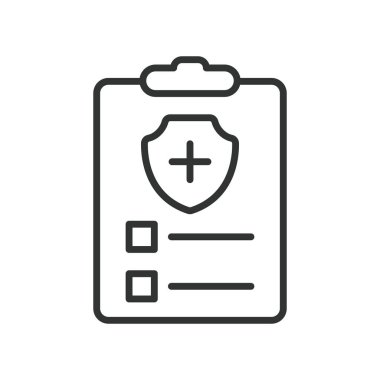 Satır tasarımında tıbbi kontrol listesi simgesi. Tıbbi, kontrol listesi, sağlık, belge, koruma, sigorta, beyaz arka plan vektörü politikası. Tıbbi kontrol listesi düzenlenebilir vuruş simgesi