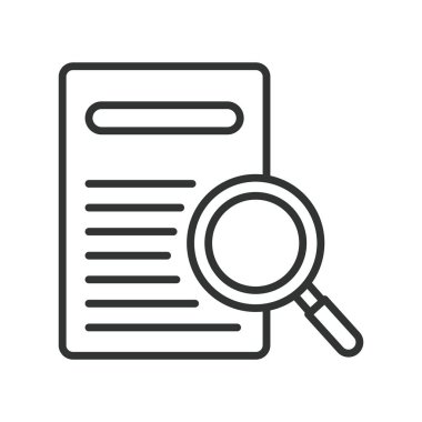 Satır tasarımında araştırma belgesi simgesi. Araştırma, belge, büyüteç, kağıt, rapor, analiz, beyaz arka plan vektörü üzerinde çalışma. Araştırma belgesi düzenlenebilir vuruş simgesi