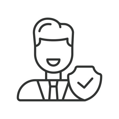 İş adamı koruma ikonu dizayn edildi. İş adamı, koruma, sigorta, şirket, çalışan, onaylanmış, beyaz arka plan vektörü üzerinde güvenlik. İş adamı koruması düzenlenebilir vuruş simgesi