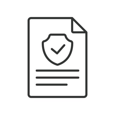 Sigorta dosya simgesi satır tasarımında. Sigorta, dosya, koruma, kalkan, garanti, belge, beyaz arka plan vektörü politikası. Sigorta dosyası düzenlenebilir vuruş simgesi