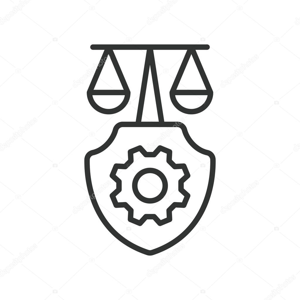 Law protection icon in line design. law, protection, shield, justice, balance, gear, security on white background vector. Law protection editable stroke icon