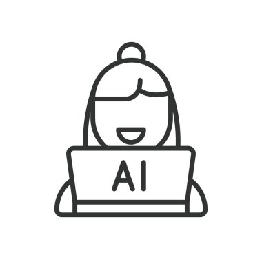 Yapay zeka dizüstü bilgisayar ikonu dizayn edildi. ai, kadın, dizüstü bilgisayar, yapay zeka, bilgisayar, beyaz arka plan vektörü teknolojisi. Yapay zeka kadın dizüstü bilgisayarı, düzenlenebilir vuruş simgesi