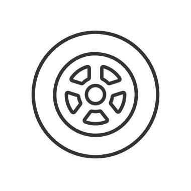 Tekerlek simgesi dizayn edildi. Otomotiv, lastik, araba, ulaşım, hareket, sürüş, beyaz arka plan vektöründe hız. Tekerlek düzenlenebilir vuruş simgesi - yapay zeka oluşturuldu