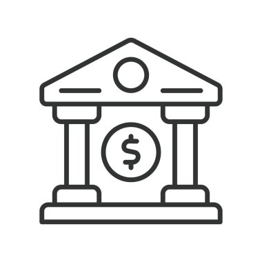 Banka simgesi satır dizaynında. Banka, kurum, finans, tasarruf, şube, hesap, hizmet beyaz arka plan vektörü. Banka düzenlenebilir vuruş simgesi