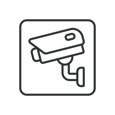 Güvenlik kamerası ikonu çizgi dizaynında. Gözetim, CCTV, izleme, kamera, güvenlik saati, gözlem, önleme, beyaz arkaplan vektöründeki görüntüler. Gözetlenebilir vuruş simgesi - yapay zeka oluşturuldu