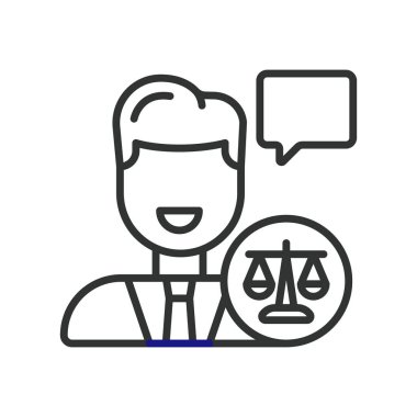 Avukat tasarımı ikonu. Avukat, avukat, avukat, hukuki tavsiye, konuşma, danışma, müvekkil, beyaz arka plan vektörü. Avukat değiştirilebilir vuruş simgesi - yapay zeka oluşturuldu