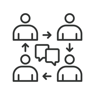 Satır dizaynında iletişim simgesi. İletişim, takım çalışması, işbirliği, çevik, mesaj, geri bildirim, beyaz arka plan vektörü planlama. İletişim düzenlenebilir vuruş simgesi