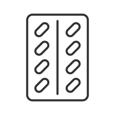 Sıraya dizayn edilmiş kabarcık paketi simgesi. Su toplaması, beyaz arka planda hap şeridi. Kabarcık paketi düzenlenebilir vuruş simgesi