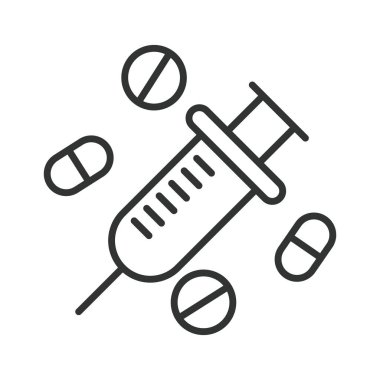 Eczane enjeksiyon ikonu dizayn edildi. İçinde haplar olan şırınga, beyaz arka plan vektörü üzerine enjeksiyon terapisi. Eczane enjeksiyonu düzenlenebilir vuruş simgesi