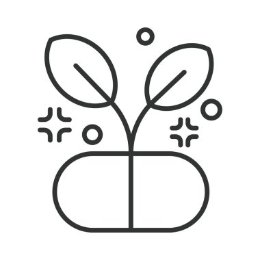 Çizgi tasarımında bitkisel vitamin kapsülü simgesi. Kapsülden büyüyen bitki, beyaz arka plan vektöründe bitkisel takviye. Bitkisel vitamin kapsülü düzenlenebilir vuruş simgesi