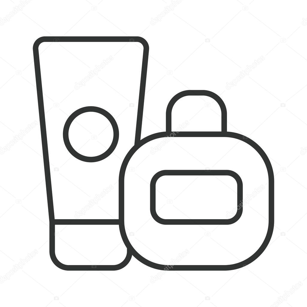 Beauty product icon in line design. cosmetic tubes, skincare bottles on white background vector. Beauty product editable stroke icon