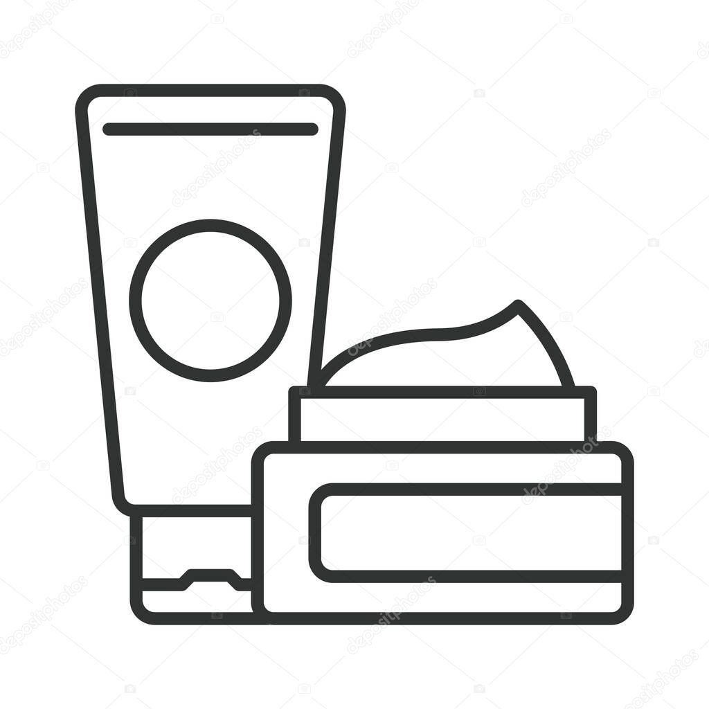 Body cream icon in line design. cosmetic tube and jar, skin cream on white background vector. Body cream editable stroke icon