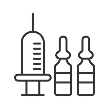 Satır tasarımında enjeksiyon şişeleri simgesi. Ampullü şırınga, beyaz arka plan vektörüne enjekte edilebilir doz. Enjeksiyon şişeleri düzenlenebilir vuruş simgesi