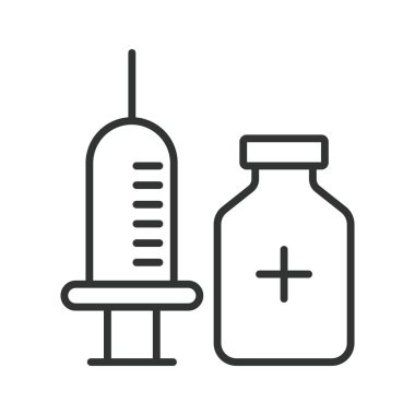 Satır tasarımında enjeksiyon ikonu. Şişeli şırınga, beyaz arka plan vektörüne aşılama dozu. Enjeksiyon düzenlenebilir vuruş simgesi