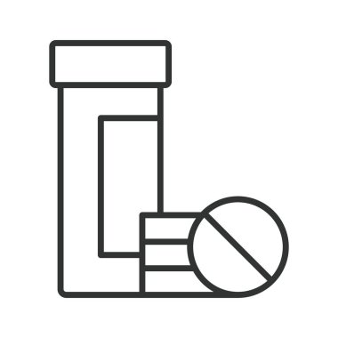 Satır dizaynında tablet simgesi olan hap şişesi. İlaç şişesi, tabletler, beyaz arka plan vektörü üzerine reçeteli ilaç. Üzerinde düzenlenebilir vuruş simgesi olan hap şişesi