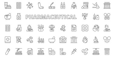Satır dizaynında ilaç ikonları. İlaç, ilaç, ilaç, eczane, hap, kapsül, beyaz arka plan vektörü laboratuvarı. İlaç olarak düzenlenebilir vuruş simgeleri