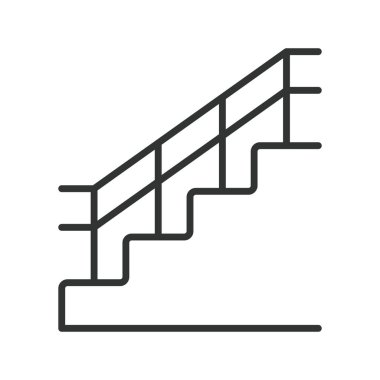 Sıra dizaynında merdiven simgesi. Merdiven, merdiven, ev merdiveni, iç merdiven, korkuluk, ev yapısı, beyaz arka plan vektöründe kapalı basamaklar. merdiven değiştirilebilir vuruş simgesi