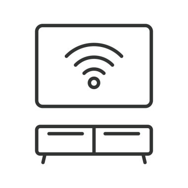 Çizgi dizaynında akıllı televizyon simgesi. Akıllı televizyon, televizyon, ekran monitörü, medya aygıtı, beyaz arka plan vektöründeki ev elektroniği. akıllı tv değiştirilebilir vuruş simgesi