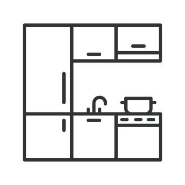 Mutfak simgesi dizayn edildi. Mutfak seti, dolaplar, mutfak içi, yemek pişirme alanı, beyaz arka plan vektöründeki ev mobilyası. Mutfak ayarlanabilir vuruş simgesi