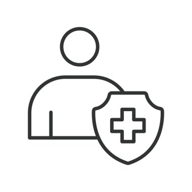 Hasta güvenliği ikonu çizgi dizaynında. Hasta güvenliği, koruma kalkanı, klinik koruma katılımcı bakımı, beyaz arka plan vektöründe güvenlik eğitimi. Hasta güvenliği düzenlenebilir vuruş simgesi