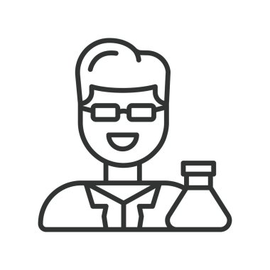 Çizgi dizaynında erkek araştırmacı simgesi. Erkek araştırmacı, profesyonel bilim adamı, klinik araştırmacı, beyaz arka plan vektörü üzerinde çalışma uzmanı. Erkek araştırmacı düzenlenebilir vuruş simgesi