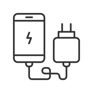 Hat tasarımında akıllı telefon ikonu şarj ediliyor. telefon şarjı, şarj kablosu, pil şarjı, güç arzı, akıllı telefon enerjisi, elektrik, konnektör, beyaz arkaplan vektöründe mobil aygıt.