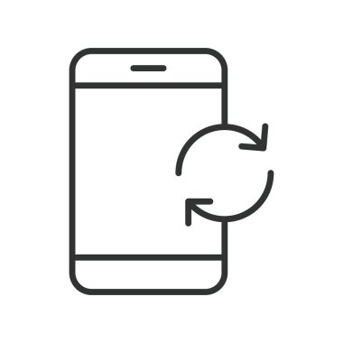 Akıllı telefon simgesini satır tasarımında yenile. Yenile, senkronize et, yeniden yükle, telefonu güncelle, akıllı telefon işlemi, dönüş sembolü, mobil cihaz, beyaz arkaplan vektöründeki arayüz eylemi. Akıllı telefonu tazele