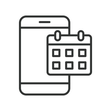 Takvim akıllı telefon simgesi satır tasarımında. Takvim, tarih planlayıcı, mobil program, akıllı telefon planlaması, olay anımsatıcı, ajanda uygulaması, zamanlama aracı, beyaz arkaplan vektöründeki mobil düzenleyici. Takvim