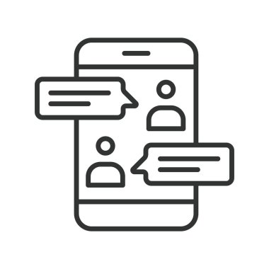 Sıra dizaynında akıllı telefon ikonu ile sohbet etmek. Sohbet, mesaj balonu, akıllı telefon sohbeti, çevrimiçi mesajlaşma, iletişim, metin uygulaması, konuşma, beyaz arkaplan vektöründeki diyalog simgesi. Sohbet.