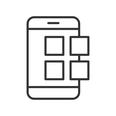 Arayüz parçacıkları satır dizaynında akıllı telefon simgesi. Arayüz gereçleri, akıllı telefon UI, elementlerin düzeni, mobil tasarım, ekran arayüzü, dijital ögeler, yerleşim blokları, beyaz üzerinde UI bileşenleri