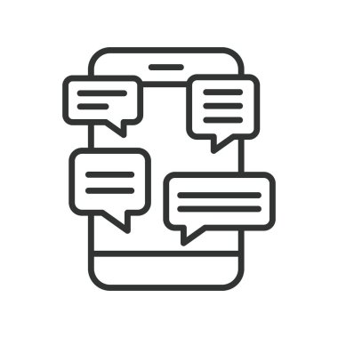 Akıllı telefon ikonu satır dizaynında mesaj iletiliyor. Mesajlaşma, sohbet baloncukları, akıllı telefon konuşmaları, çevrimiçi iletişim, metin alışverişi, mobil sohbet, diyalog, beyaz arkaplan vektörü üzerindeki mesaj sembolleri.