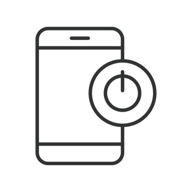 Güç düğmesi akıllı telefon simgesi satır tasarımında. Güç düğmesi, akıllı telefon kapalı, cihaz kontrolü, mobil güç, sistem çalıştırma, anahtar simgesi, enerji kontrolü, telefon işlevi beyaz arkaplan vektöründe. Güç