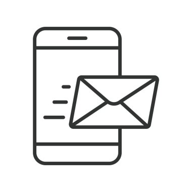 Satır tasarımında akıllı telefon simgesi e- posta iletisi. E- posta iletisi, gelen kutusu, cep telefonu postası, zarf sembolü, akıllı telefon mesajı, iletişim, posta uygulaması, beyaz arkaplan vektörü üzerine dijital harf. E- posta