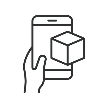 AR nesnesi akıllı telefon simgesi satır tasarımında. AR nesnesi, artırılmış nesne, akıllı telefon AR görünümü, 3D küp, dijital kaplama, mobil simülasyon, etkileşimli AR özelliği, beyaz arkaplan üzerinde sanal nesne