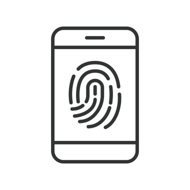 Satır tasarımında parmak izi akıllı telefon simgesi. parmak izi girişi, biyometrik erişim, güvenli tanımlama, akıllı telefon kilidi açma, güvenlik yöntemi, biyometrik tarama, kimlik kontrolü, beyaz üzerine dijital kilit
