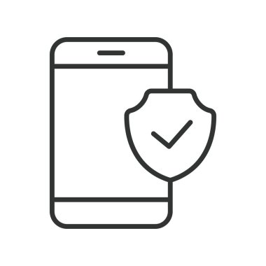 Telefon güvenlik kalkanı akıllı telefon ikonu dizayn edildi. Telefon güvenliği, kalkan koruması, mobil mahremiyet, akıllı telefon koruması, güvenlik kontrolü, güvenli cihaz, dijital koruma, beyaza güvenli erişim