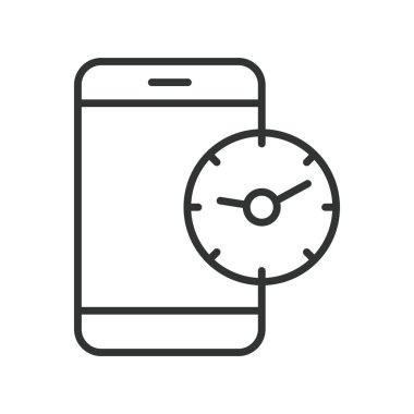 Çizgi dizaynında ekran zamanı akıllı telefon simgesi. ekran zamanı, kullanım zamanlayıcısı, akıllı telefon süresi, dijital zaman, mobil aktivite izleme, saat sembolü, aygıt zamanı, beyaz arkaplan vektöründe izleme.
