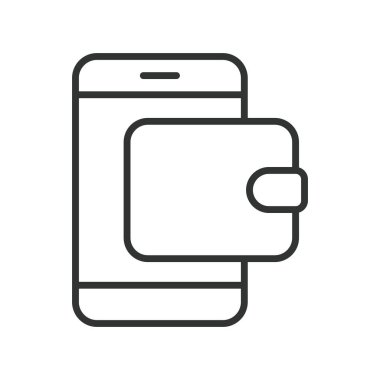 Satır tasarımında mobil cüzdan akıllı telefon simgesi. cep telefonu cüzdanı, dijital cüzdan, akıllı telefon finans, ödeme cüzdanı, kart sahibi, mobil finans aracı, nakitsiz uygulama, beyaz arka planda ödeme deposu
