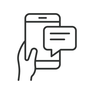 Satır dizaynında mesaj el akıllı telefon simgesi. ileti el, iletişim, akıllı telefon mesajı, metin balonu, mobil sohbet, ileti gönder, iletişim sembolü, beyaz arkaplan vektörü üzerinde telefon etkileşimi.