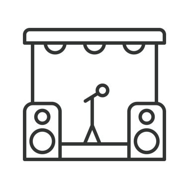 Festival konser ikonu tasarımı. konser, sahne, mikrofon, gösteri, müzik, festival beyaz arka plan vektörü. Festivalin düzenlenebilir vuruş simgesi