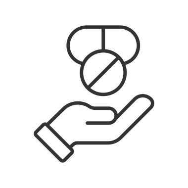 Tıbba erişim, çizgi tasarımı ikonu. İlaç, hap, erişim, halk sağlığı, tedavi, el, beyaz arka plan vektörüne bakım. İlaç erişimi düzenlenebilir vuruş simgesi